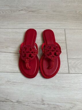 Tory Burch Red Glitter Rhinestone Logo Sandals